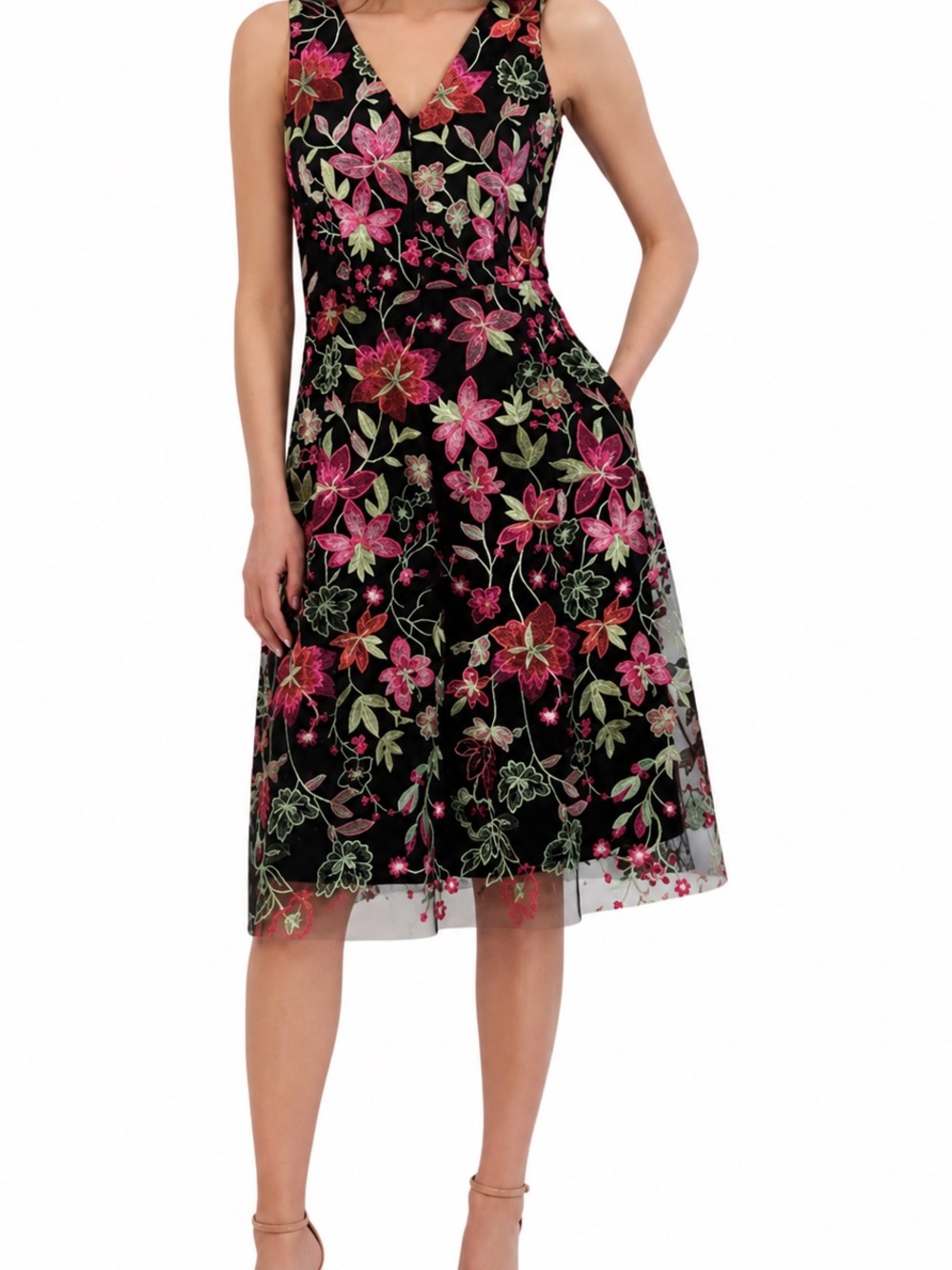 Jessica Howard dark navy Midi Dress with Pink & Green Floral Embroidery size 10